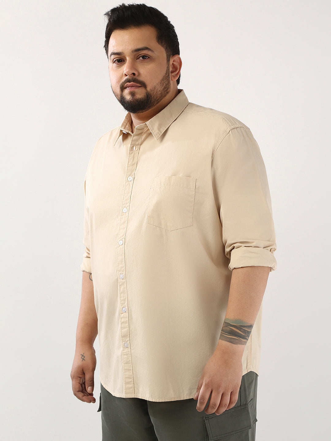 Plus Men's Beige Cotton Full Sleeve Regular Fit Casual Solid Shirt