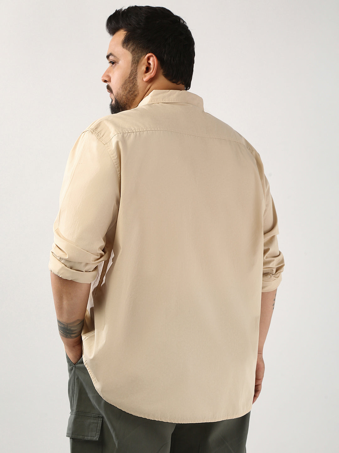 Plus Men's Beige Cotton Full Sleeve Regular Fit Casual Solid Shirt