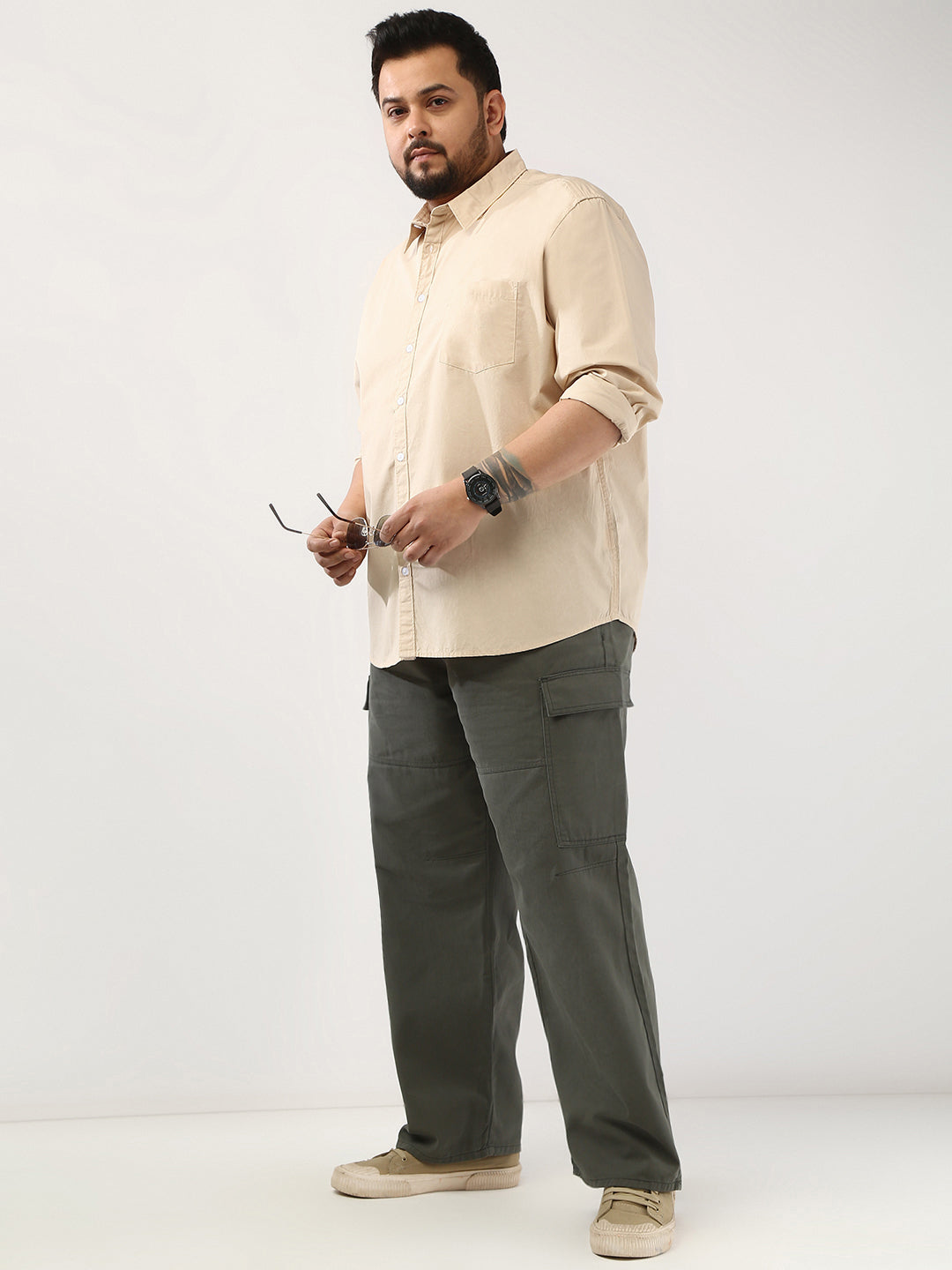Plus Men's Beige Cotton Full Sleeve Regular Fit Casual Solid Shirt