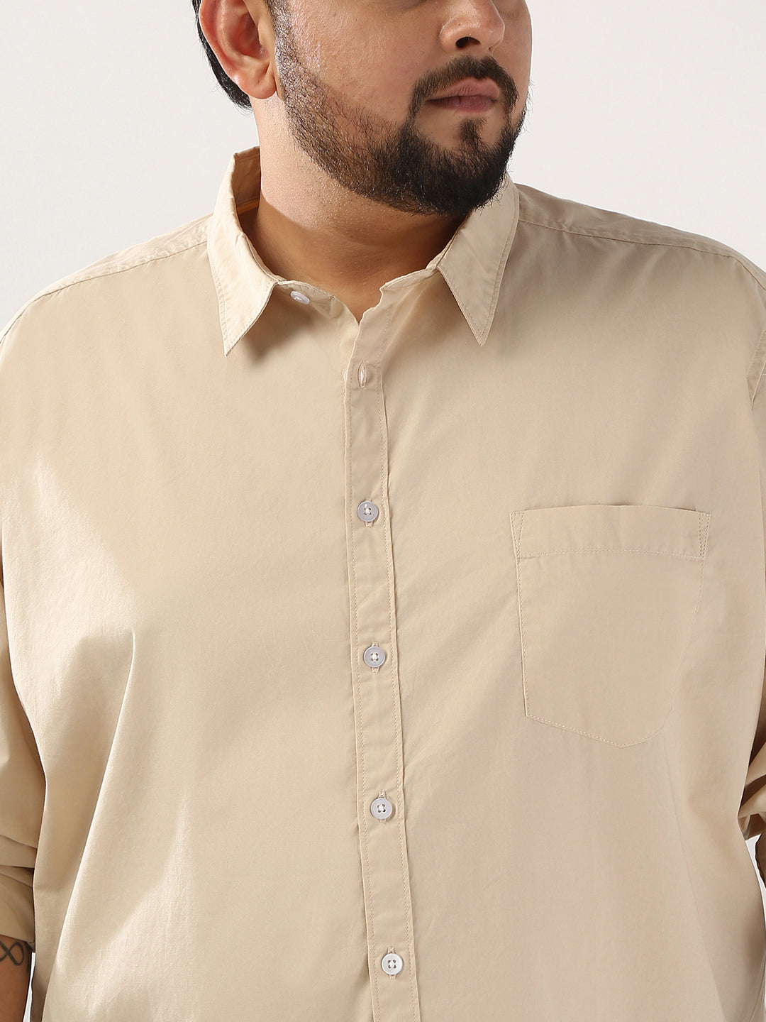 Plus Men's Beige Cotton Full Sleeve Regular Fit Casual Solid Shirt