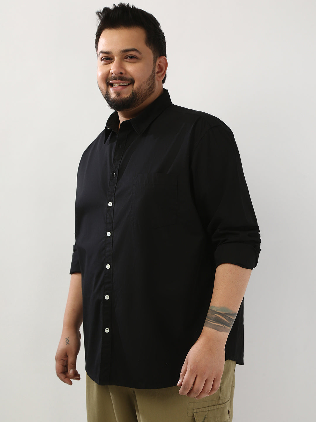 Plus Men's Black Cotton Full Sleeve Regular Fit Casual Solid Shirt