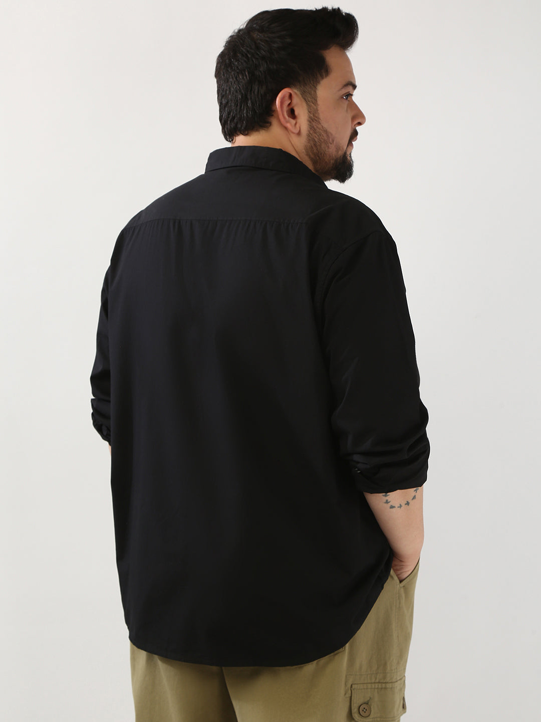 Plus Men's Black Cotton Full Sleeve Regular Fit Casual Solid Shirt