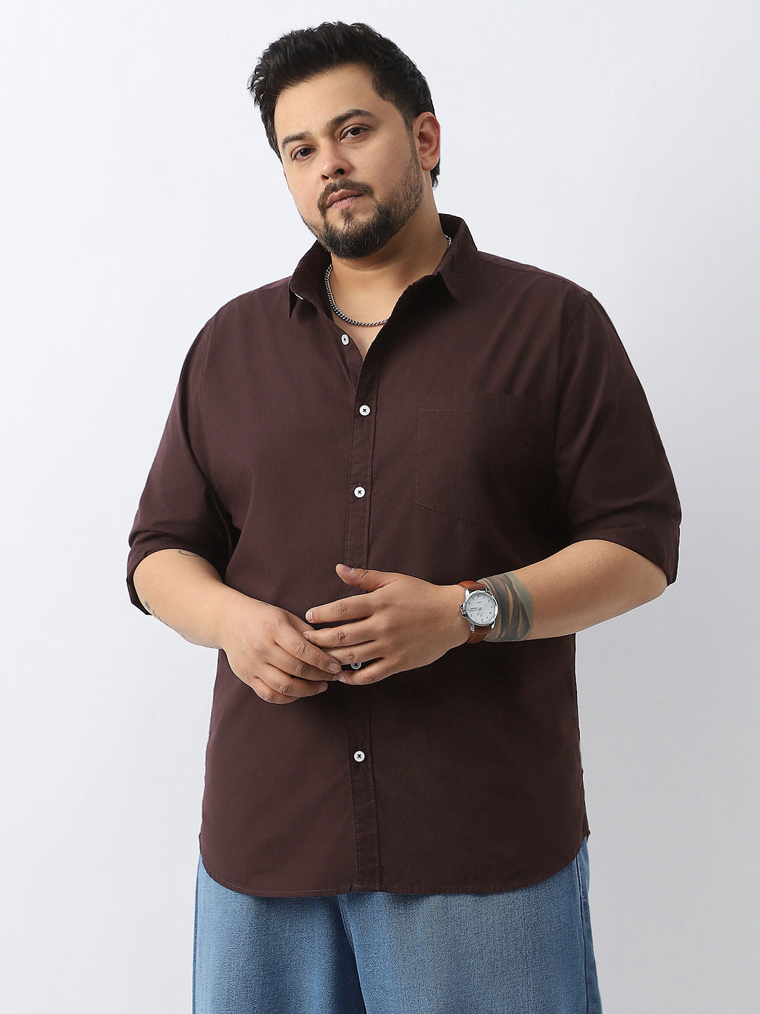 Plus Men's Cocoa Cotton Full Sleeve Regular Fit Casual Solid Shirt