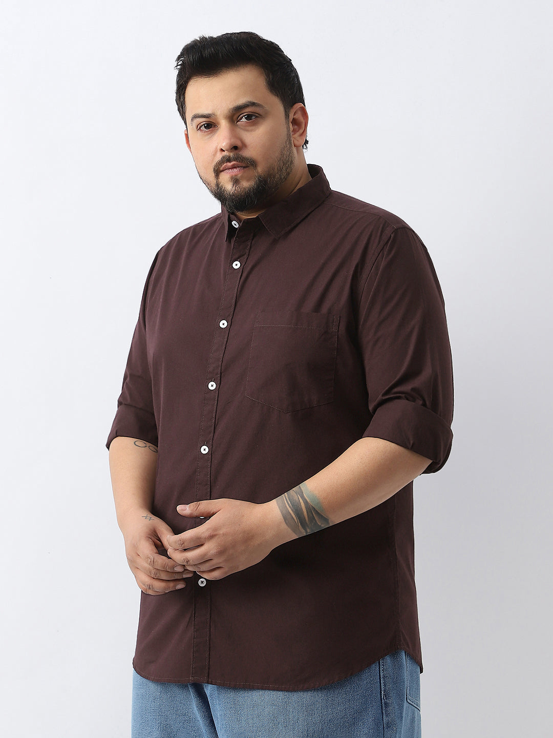 Plus Men's Cocoa Cotton Full Sleeve Regular Fit Casual Solid Shirt
