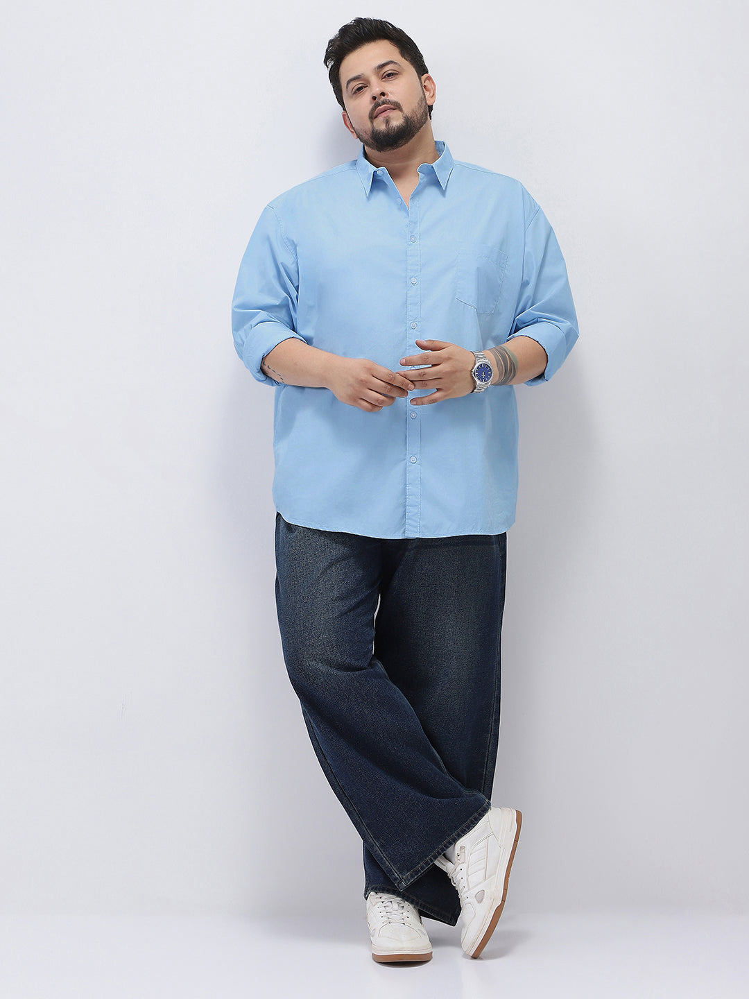 Plus Men's Light Blue Cotton Full Sleeve Regular Fit Casual Solid Shirt