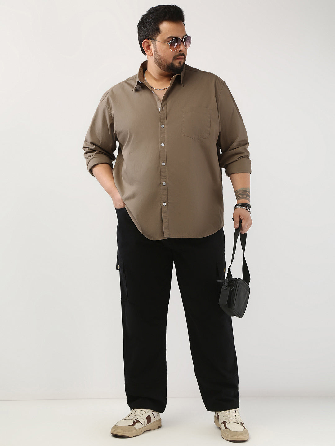 Plus Men's Light Brown Cotton Full Sleeve Regular Fit Casual Solid Shirt