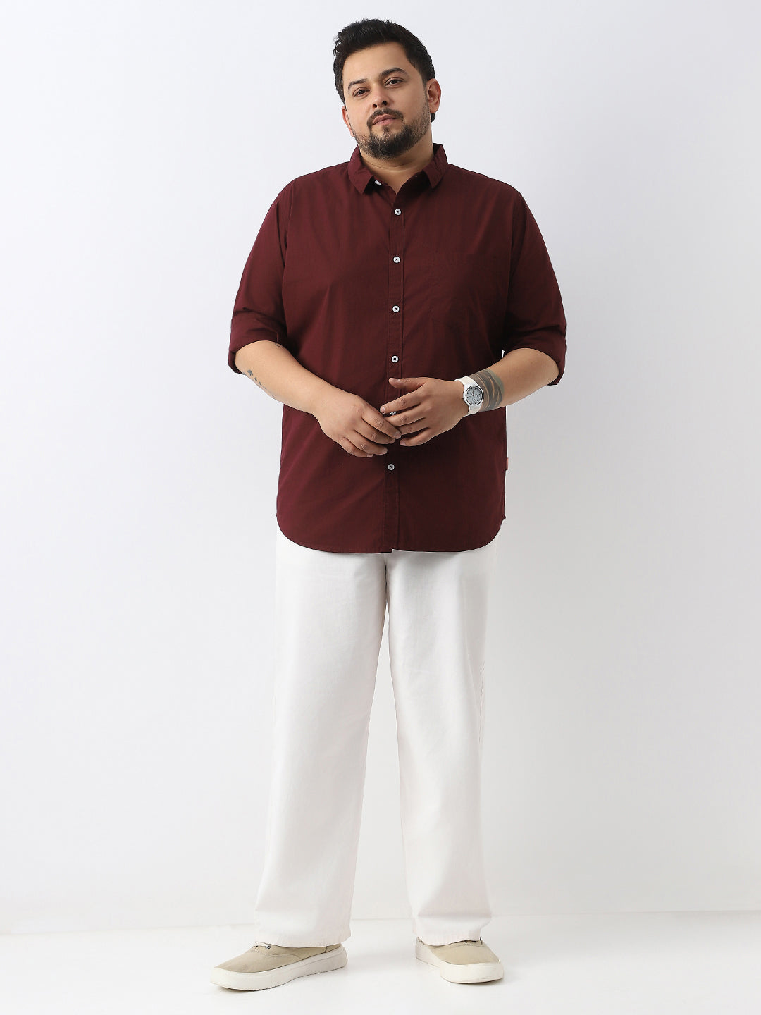 Plus Men's Maroon Cotton Full Sleeve Regular Fit Casual Solid Shirt
