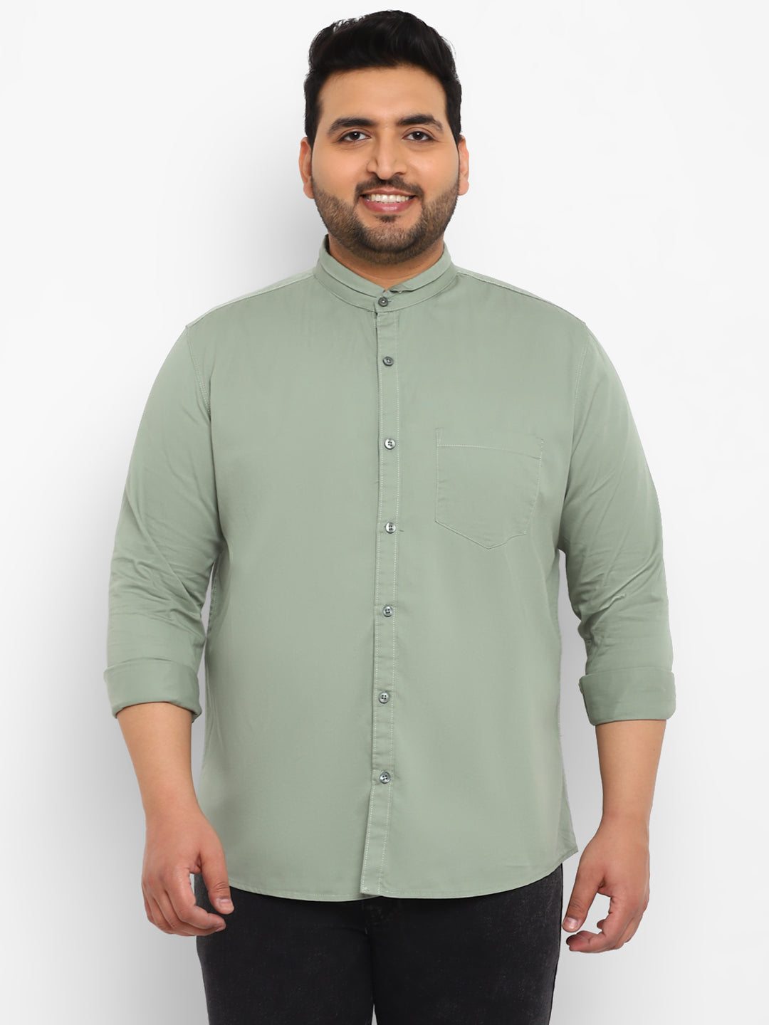 Plus Men's Green Cotton Full Sleeve Regular Fit Casual Solid Shirt with Mandarin Collar