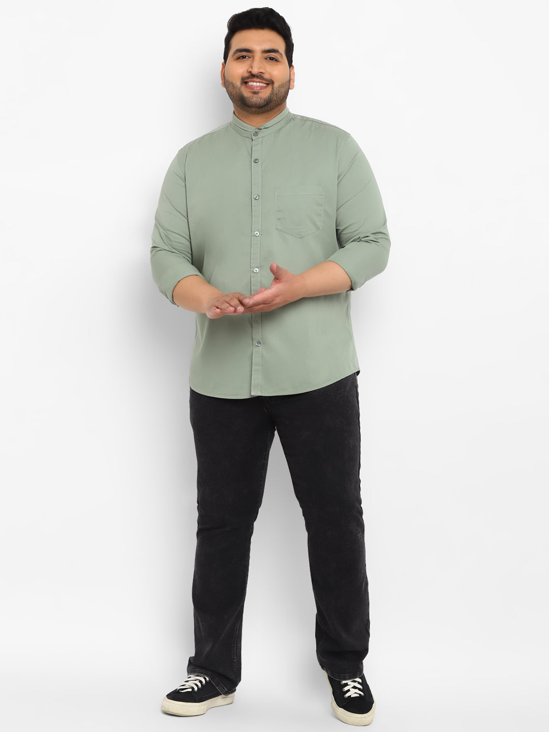 Plus Men's Green Cotton Full Sleeve Regular Fit Casual Solid Shirt with Mandarin Collar