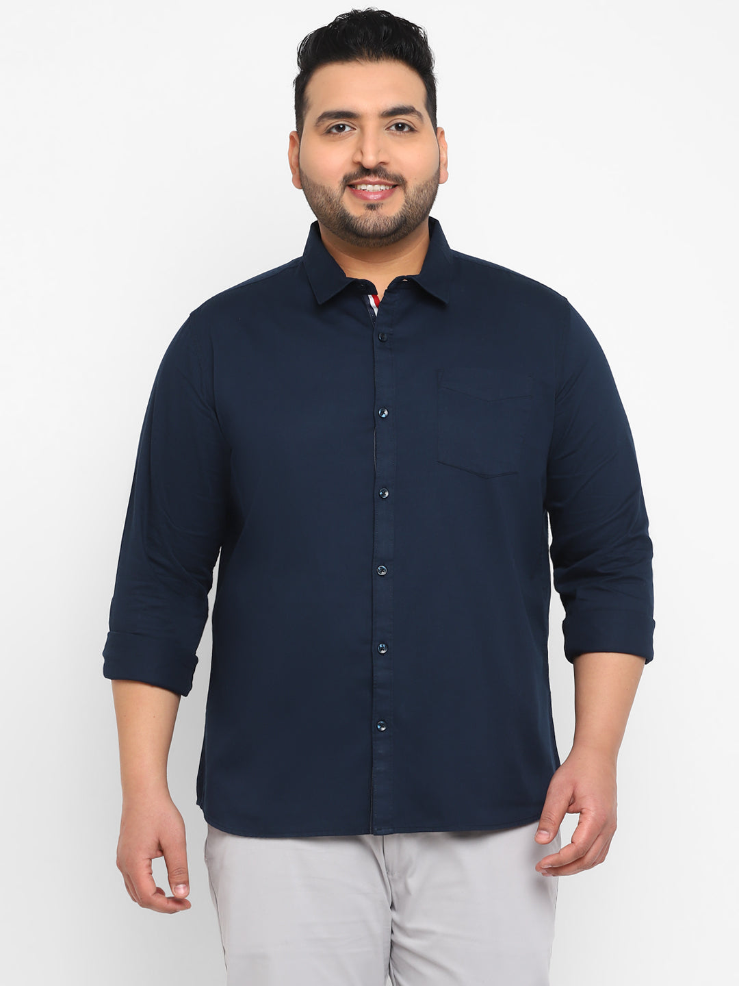 Plus Men's Navy Blue Cotton Full Sleeve Regular Fit Casual Solid Shirt