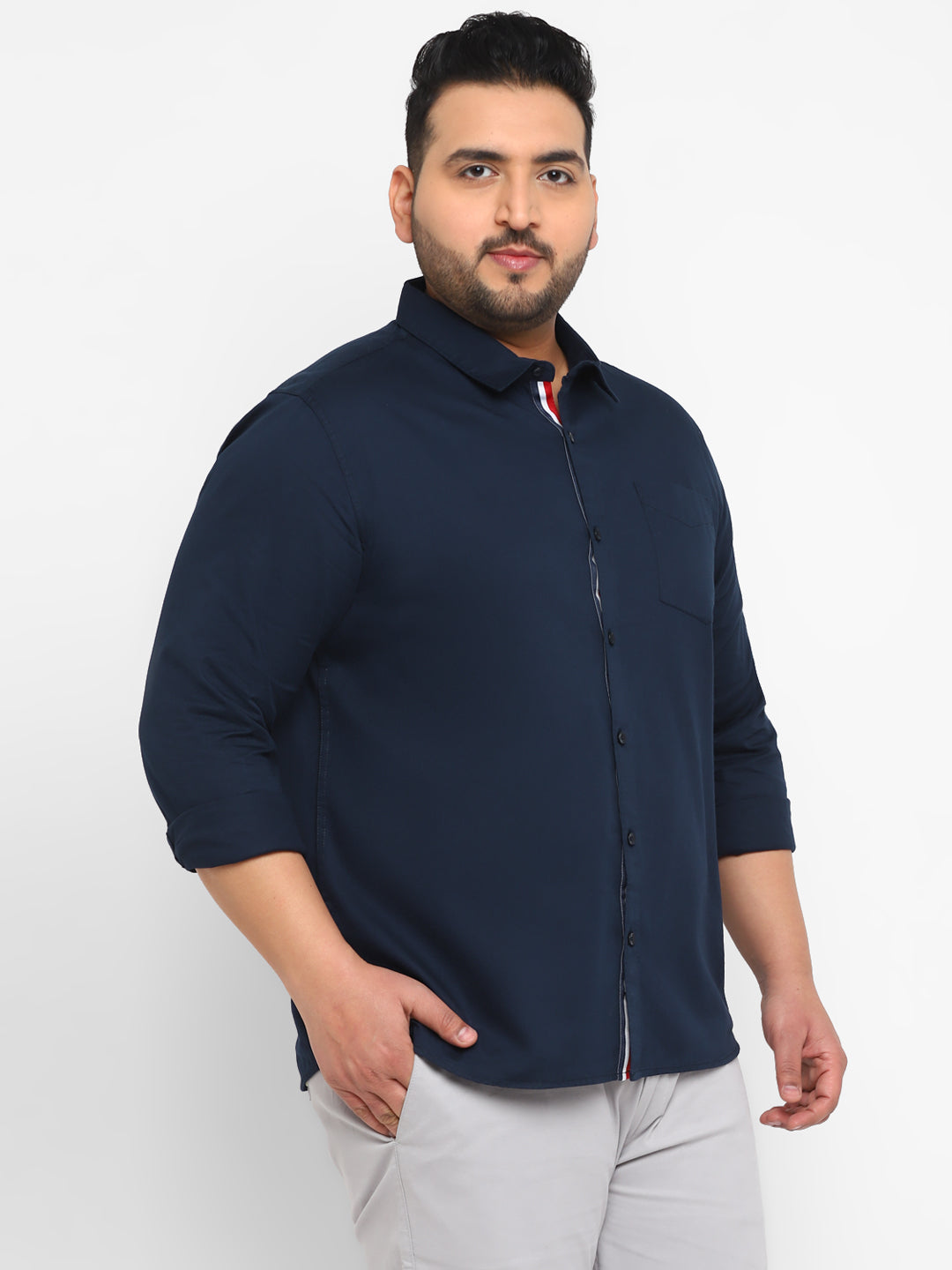 Plus Men's Navy Blue Cotton Full Sleeve Regular Fit Casual Solid Shirt