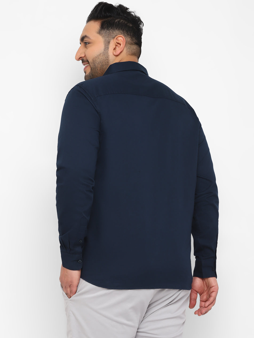 Plus Men's Navy Blue Cotton Full Sleeve Regular Fit Casual Solid Shirt