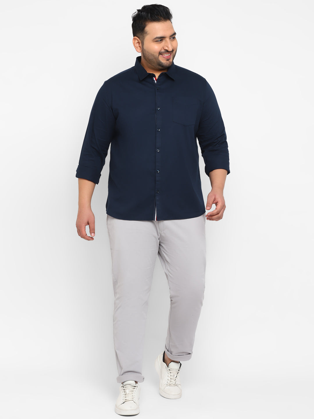 Plus Men's Navy Blue Cotton Full Sleeve Regular Fit Casual Solid Shirt