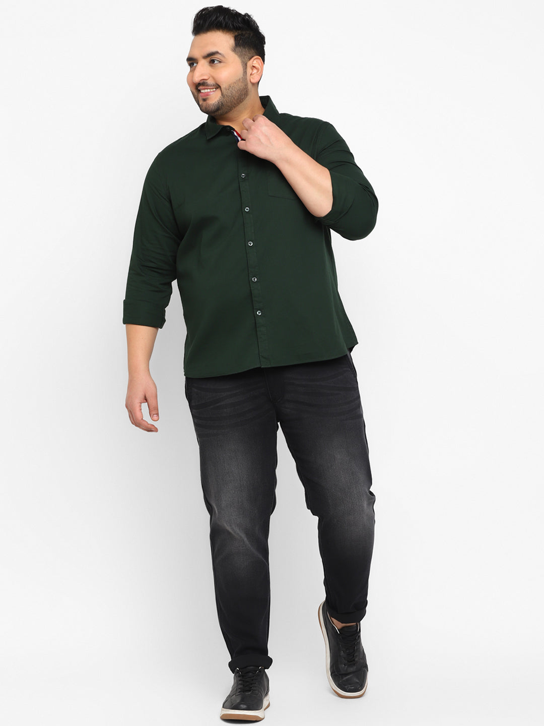 Plus Men's Olive Cotton Full Sleeve Regular Fit Casual Solid Shirt