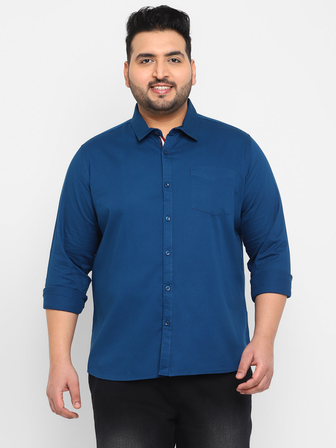 Plus Men's Blue Cotton Full Sleeve Regular Fit Casual Solid Shirt