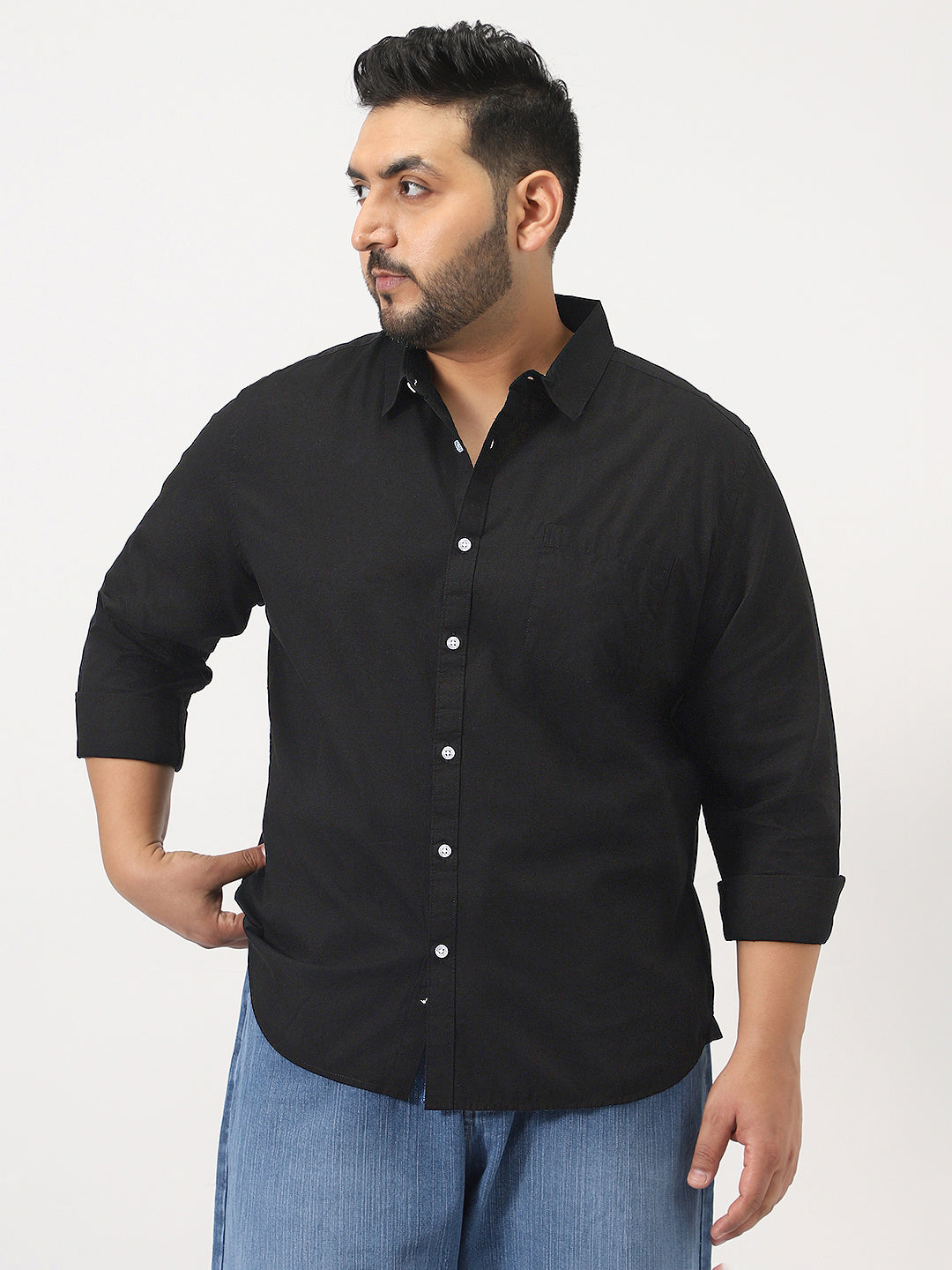 Plus Men's Black Cotton Full Sleeve Regular Fit Casual Solid Slub Shirt with Spread Collar
