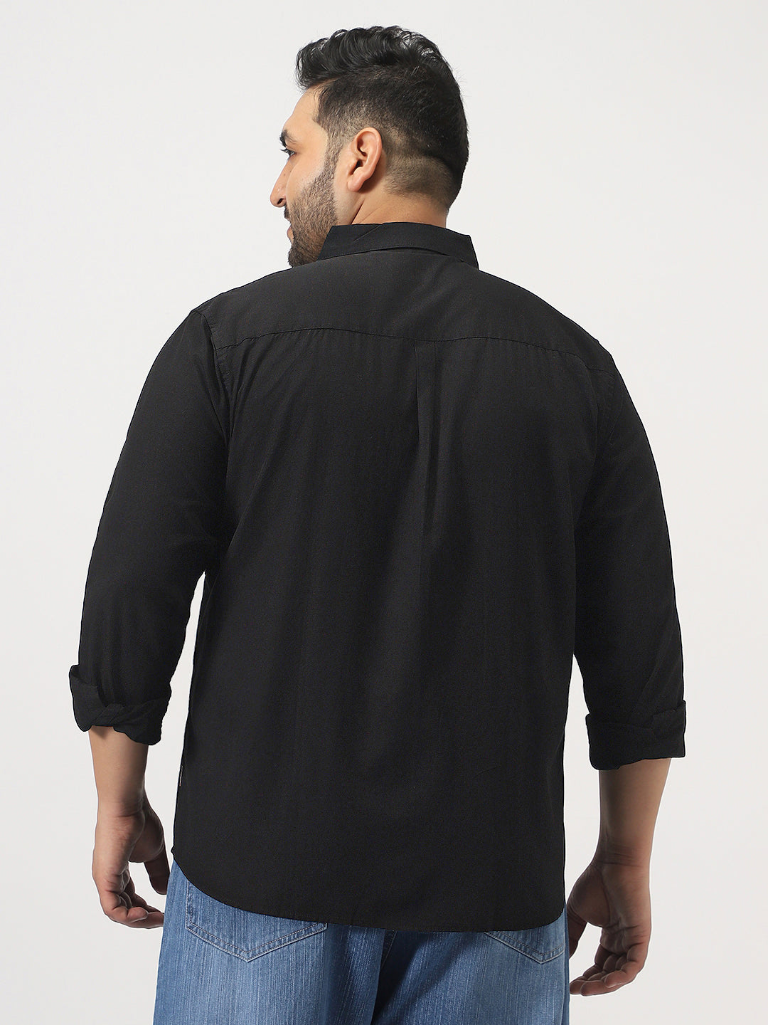 Plus Men's Black Cotton Full Sleeve Regular Fit Casual Solid Slub Shirt with Spread Collar