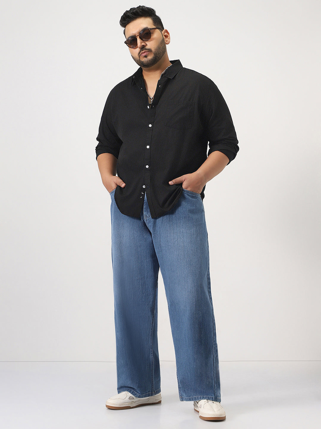 Plus Men's Black Cotton Full Sleeve Regular Fit Casual Solid Slub Shirt with Spread Collar