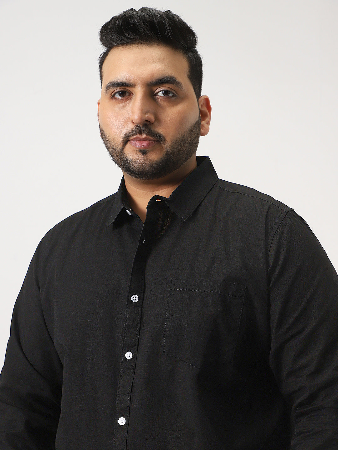 Plus Men's Black Cotton Full Sleeve Regular Fit Casual Solid Slub Shirt with Spread Collar