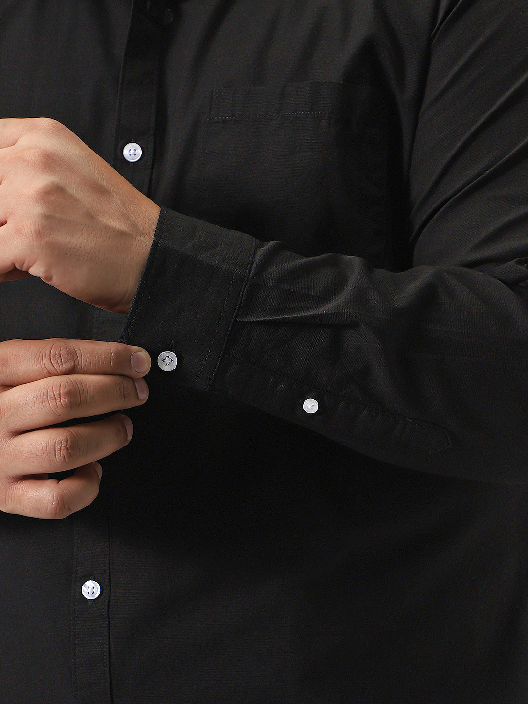 Plus Men's Black Cotton Full Sleeve Regular Fit Casual Solid Slub Shirt with Spread Collar