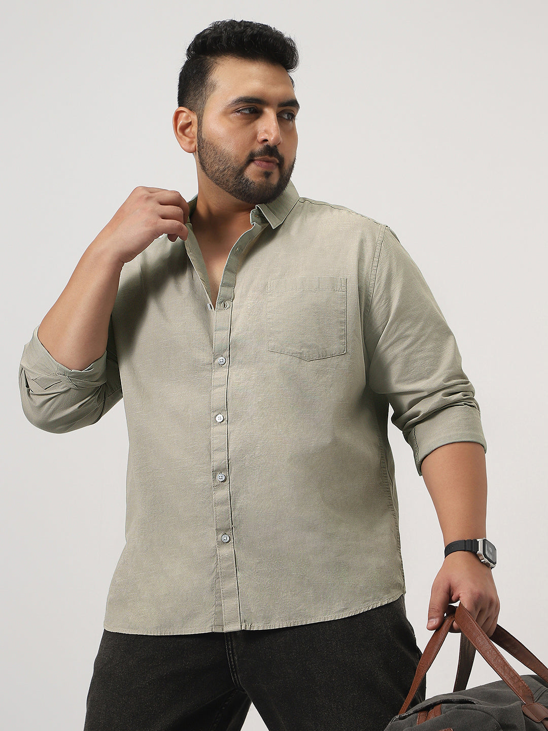 Plus Men's Light Olive Cotton Full Sleeve Regular Fit Casual Solid Slub Shirt with Spread Collar