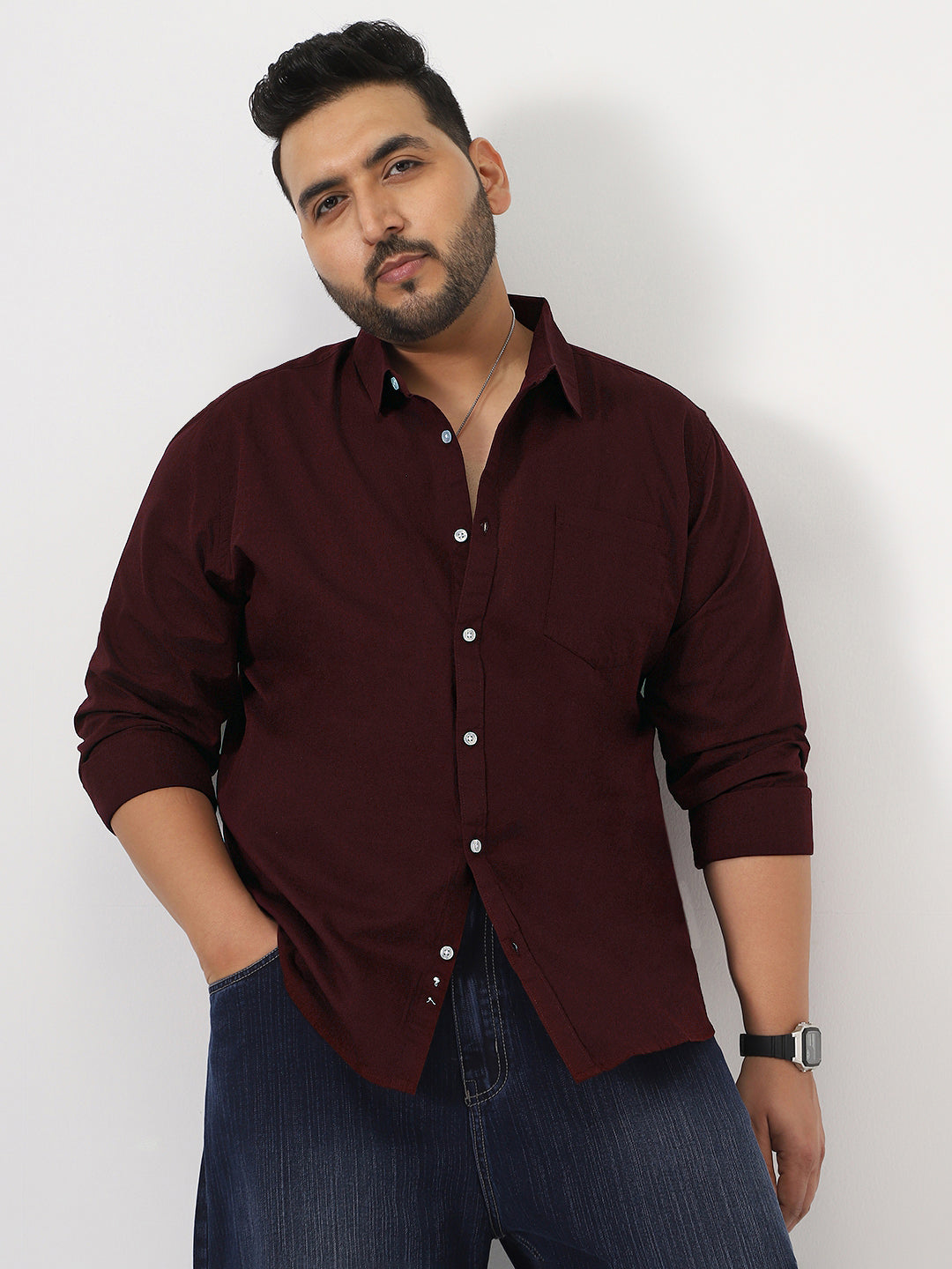 Plus Men's Maroon Cotton Full Sleeve Regular Fit Casual Solid Slub Shirt with Spread Collar