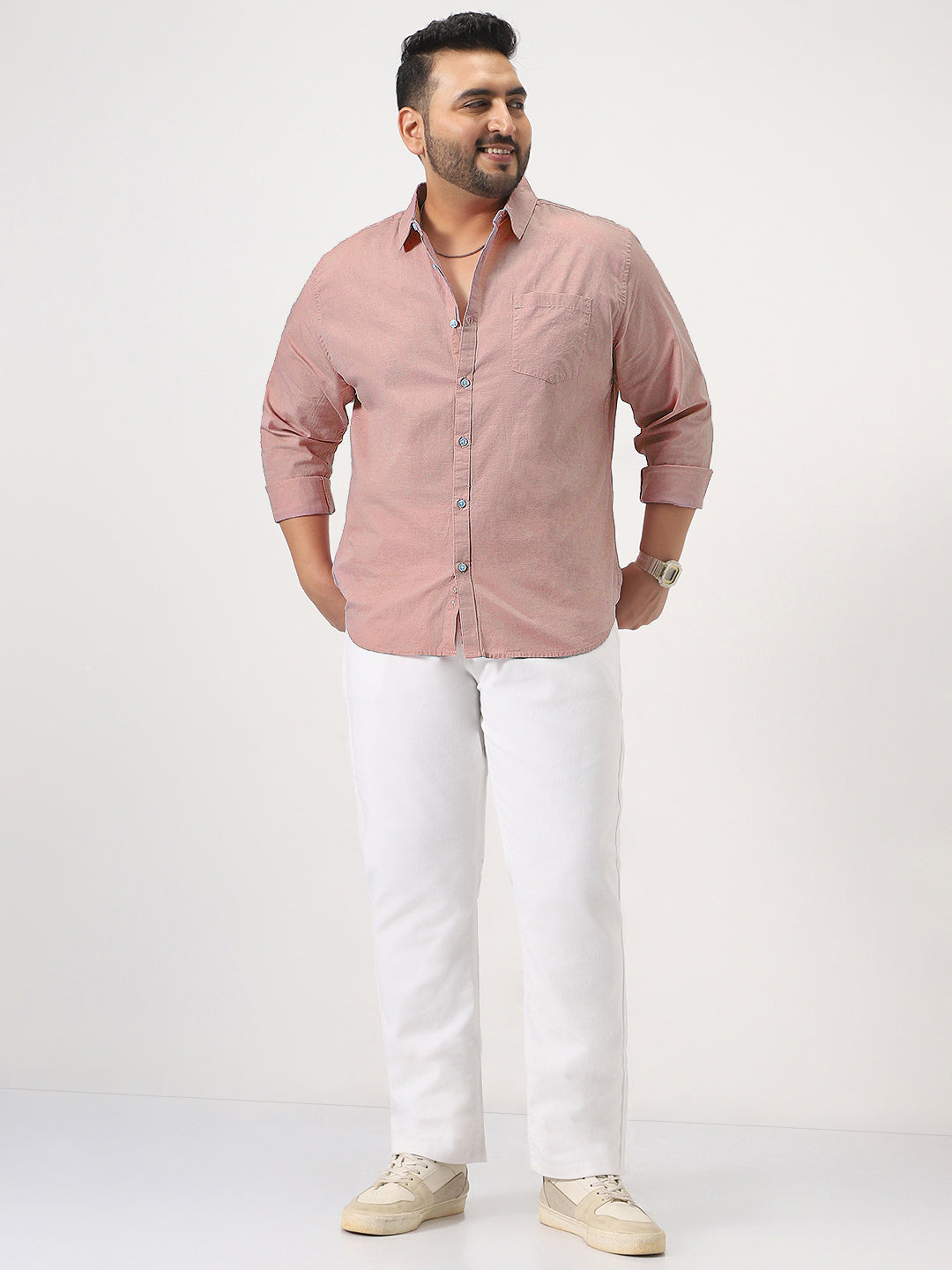 Plus Men's Pink Cotton Full Sleeve Regular Fit Casual Solid Slub Shirt with Spread Collar