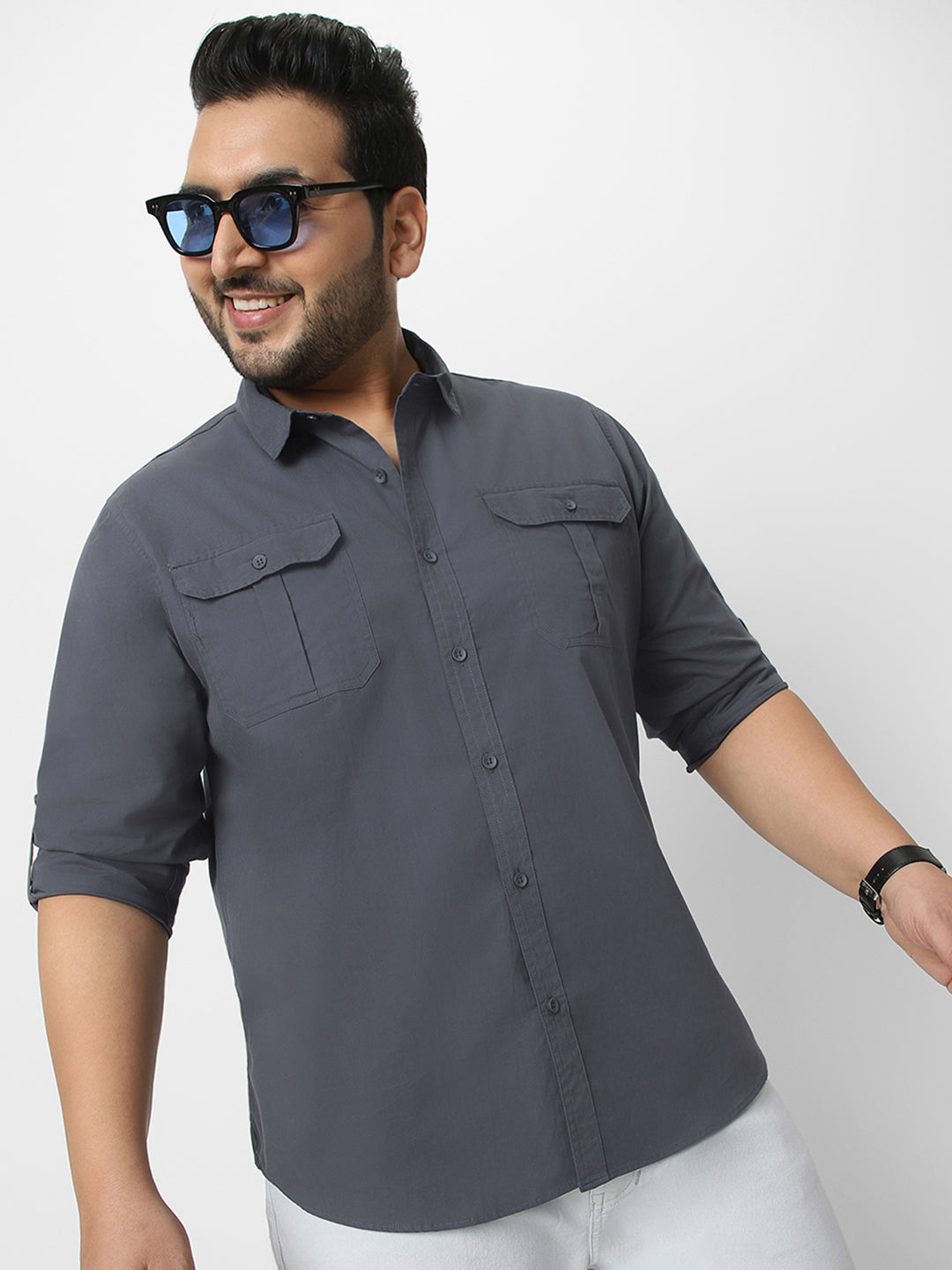 Men's Dark Grey Cotton Full Sleeve Regular Fit Casual Solid Shirt