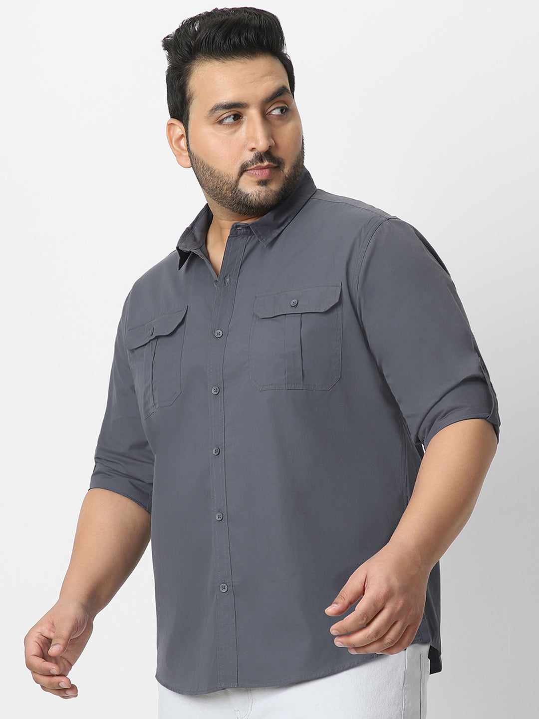 Men's Dark Grey Cotton Full Sleeve Regular Fit Casual Solid Shirt