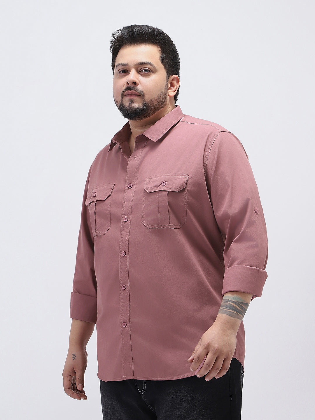 Plus Men's Dusty Pink Cotton Full Sleeve Regular Fit Casual Solid Shirt