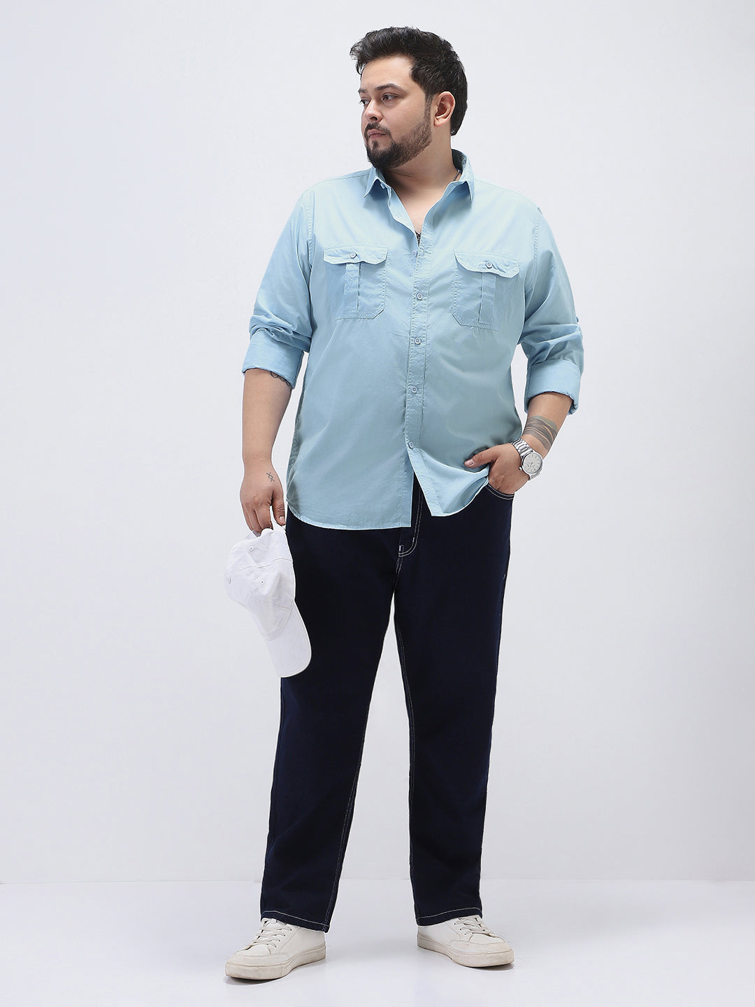 Plus Men's Light Blue Cotton Full Sleeve Regular Fit Casual Solid Shirt