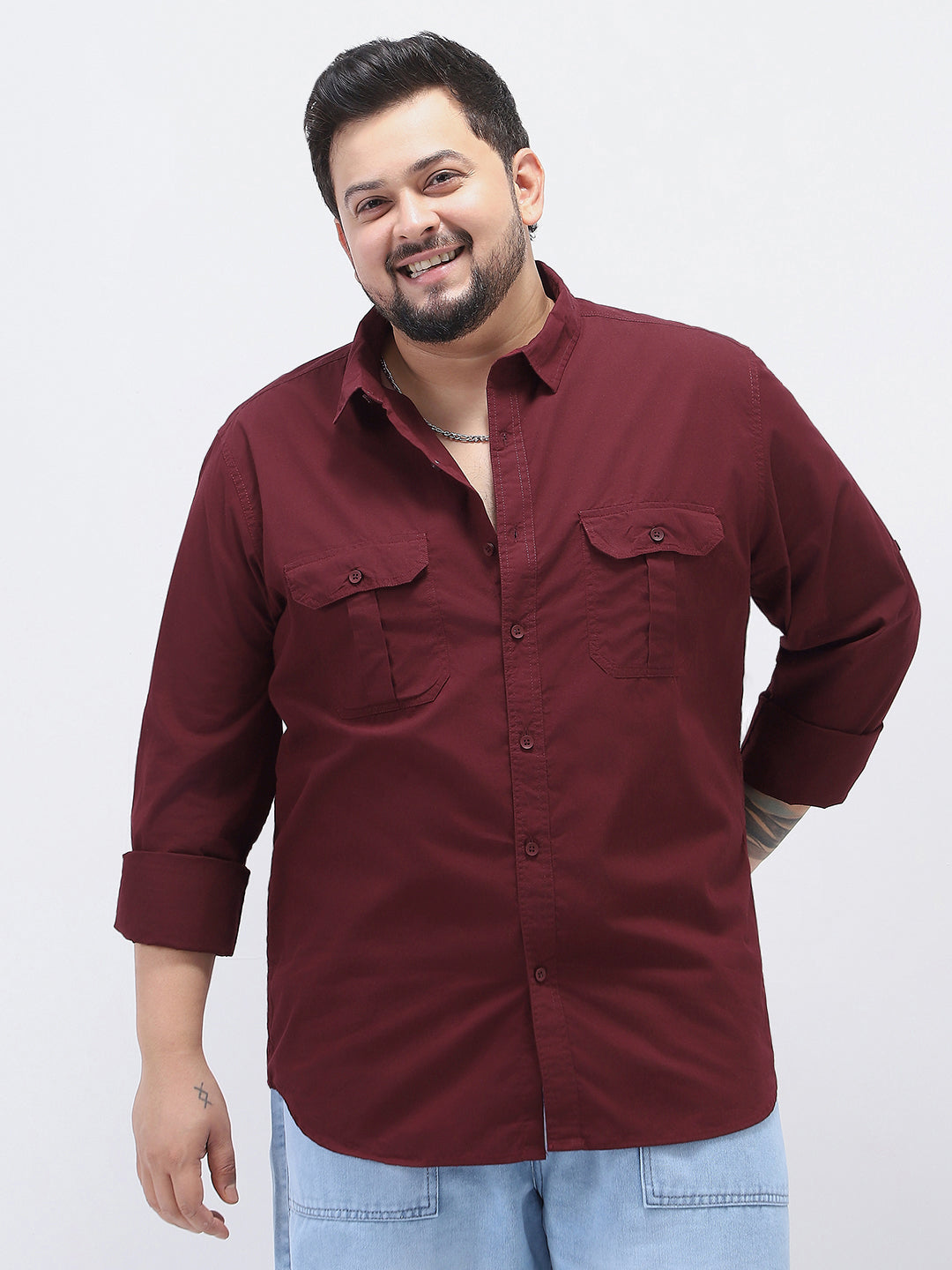 Plus Men's Maroon Cotton Full Sleeve Regular Fit Casual Solid Shirt