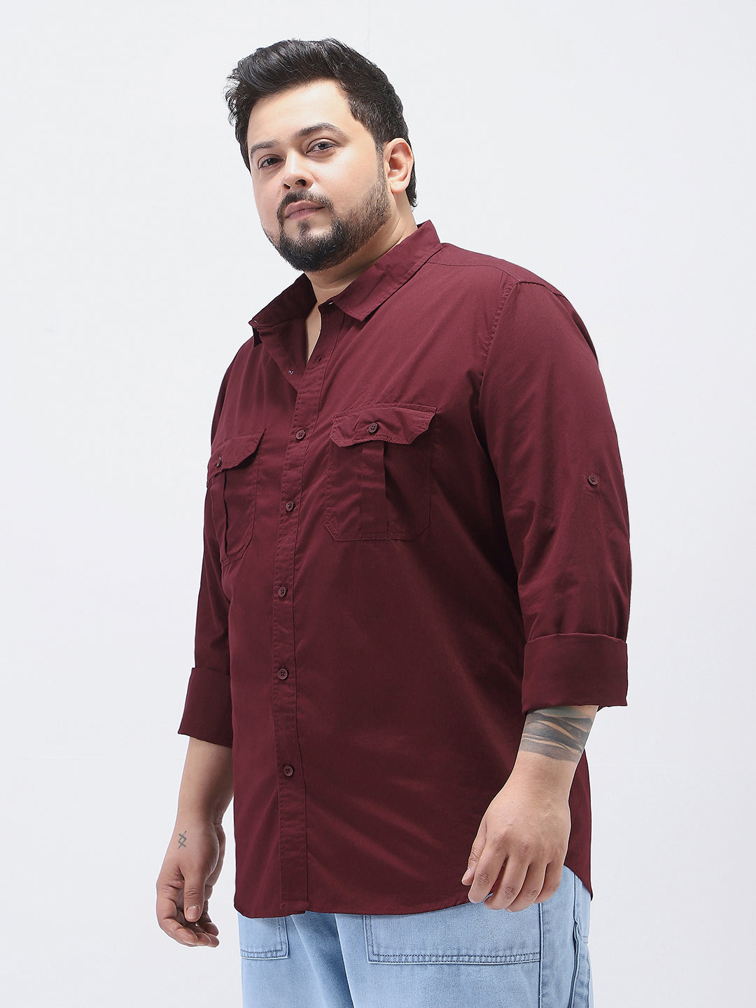 Plus Men's Maroon Cotton Full Sleeve Regular Fit Casual Solid Shirt