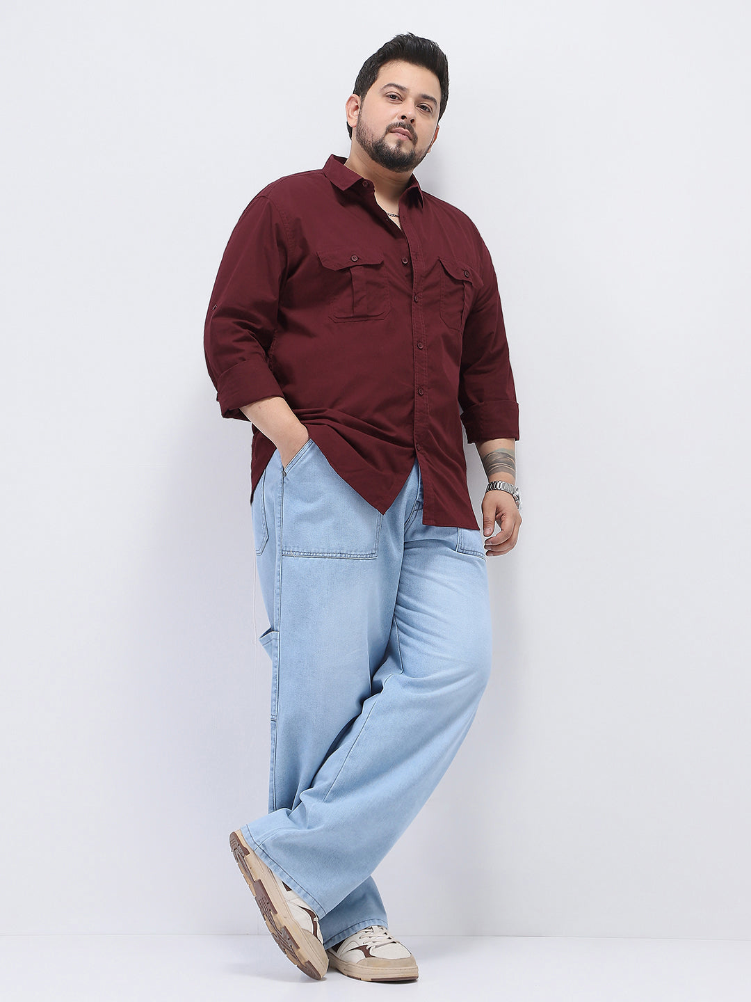 Plus Men's Maroon Cotton Full Sleeve Regular Fit Casual Solid Shirt