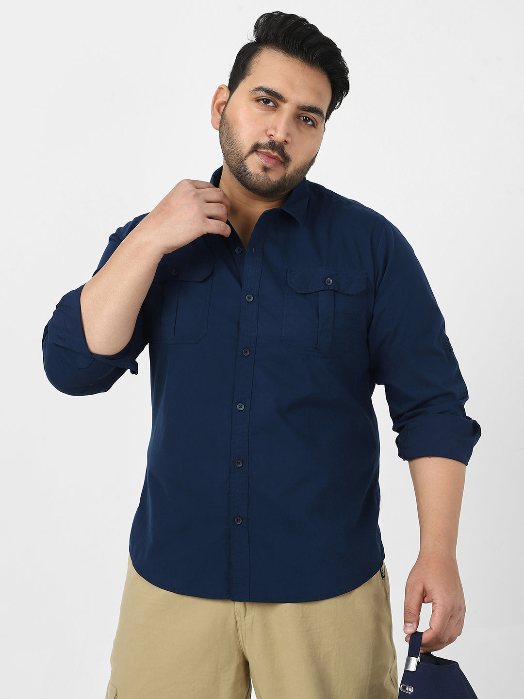 Men's Navy Cotton Full Sleeve Regular Fit Casual Solid Shirt