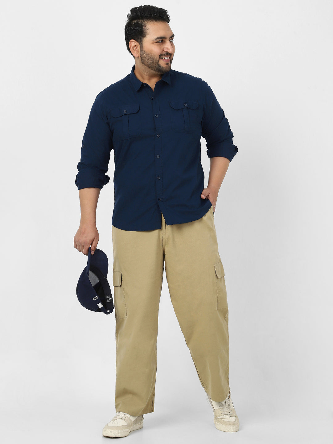 Men's Navy Cotton Full Sleeve Regular Fit Casual Solid Shirt