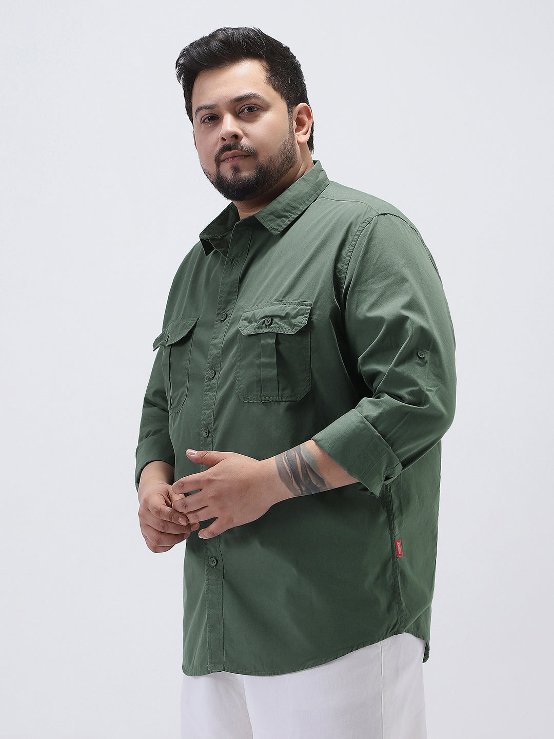 Plus Men's Sage Green Cotton Full Sleeve Regular Fit Casual Solid Shirt