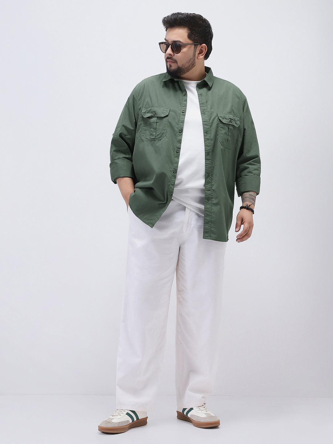 Plus Men's Sage Green Cotton Full Sleeve Regular Fit Casual Solid Shirt