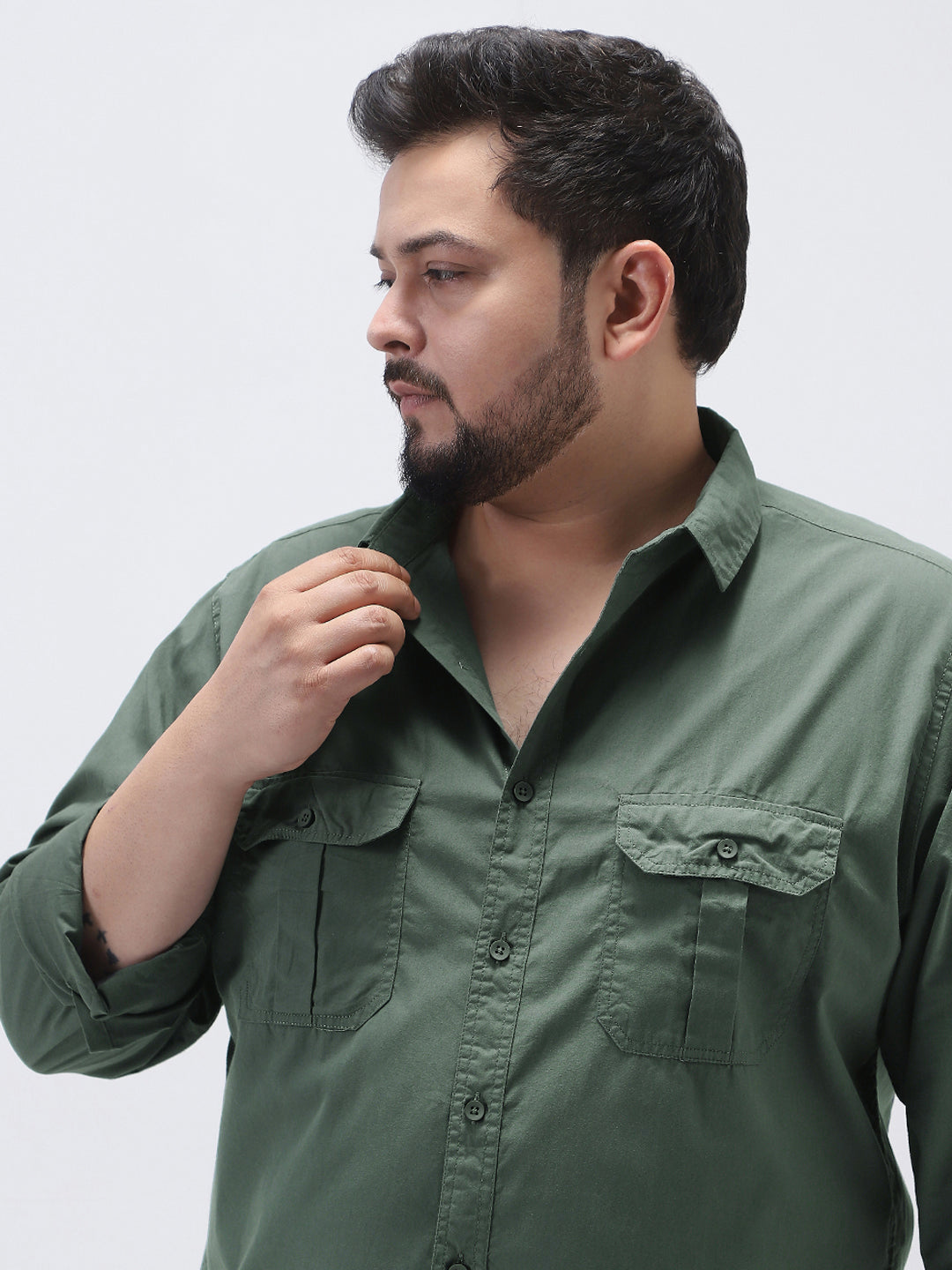 Plus Men's Sage Green Cotton Full Sleeve Regular Fit Casual Solid Shirt