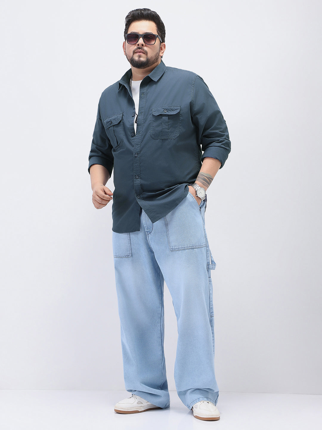 Plus Men's Slate Blue Cotton Full Sleeve Regular Fit Casual Solid Shirt