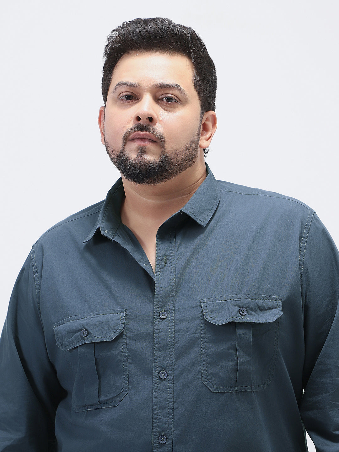 Plus Men's Slate Blue Cotton Full Sleeve Regular Fit Casual Solid Shirt