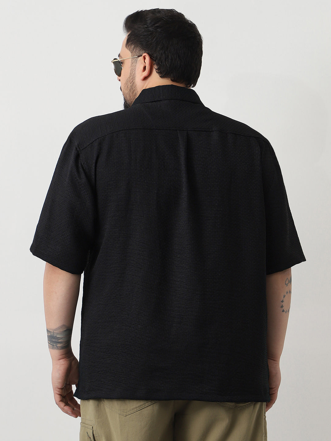 Plus Men's Black Cotton Half Sleeve Oversized Fit Textured Shirt with Cuban Collar