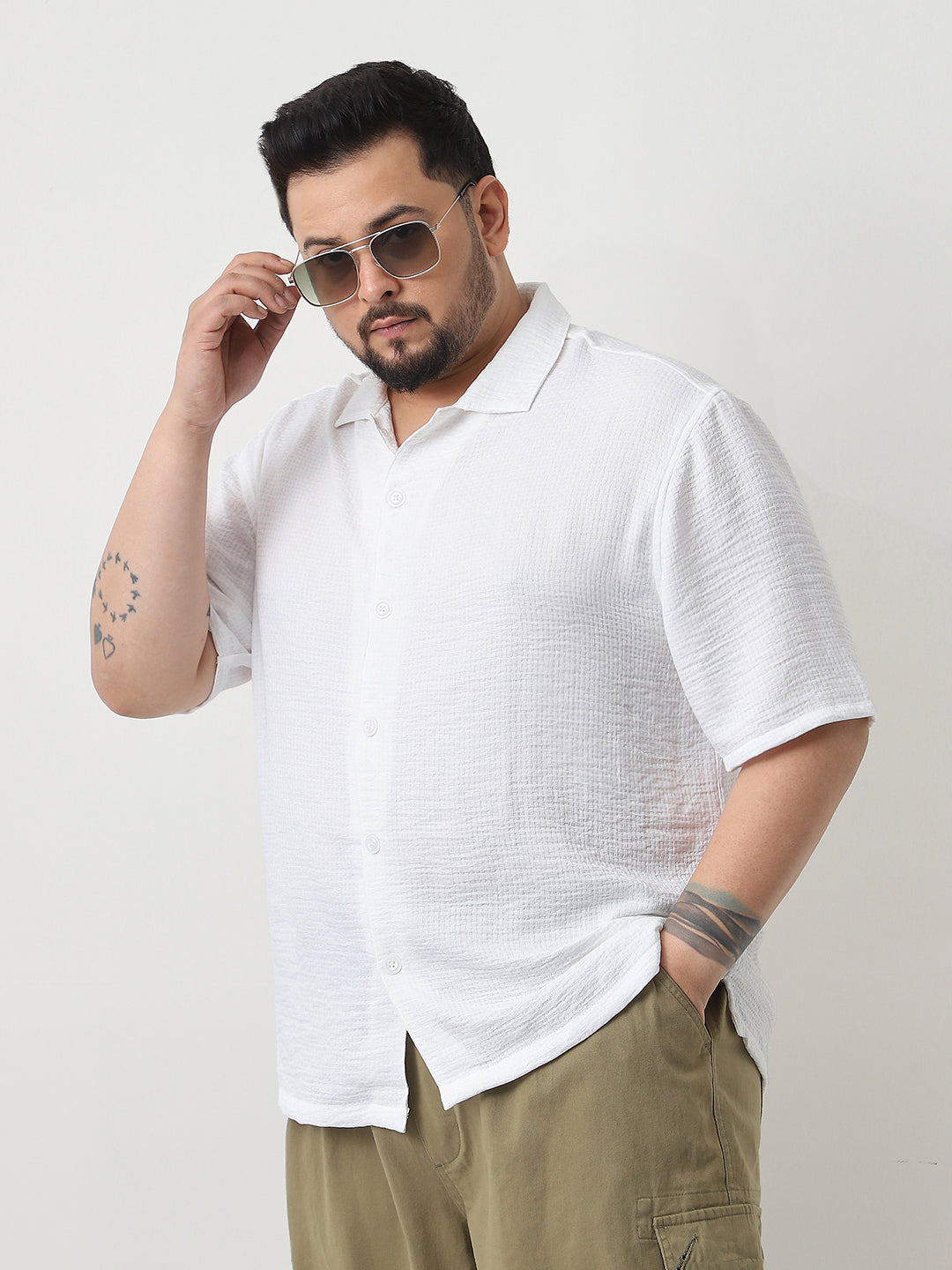 Plus Men's White Cotton Half Sleeve Oversized Fit Textured Shirt with Cuban Collar