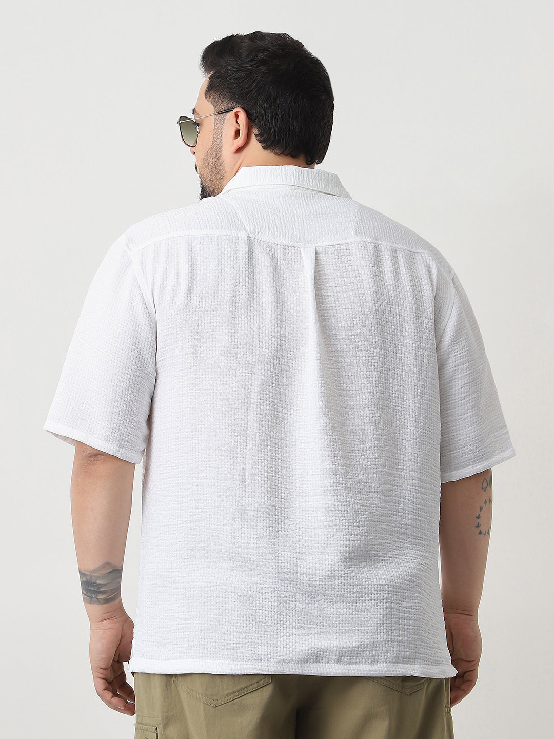 Plus Men's White Cotton Half Sleeve Oversized Fit Textured Shirt with Cuban Collar
