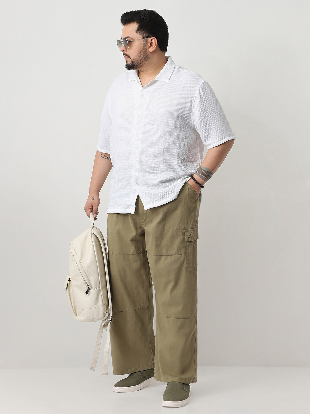 Plus Men's White Cotton Half Sleeve Oversized Fit Textured Shirt with Cuban Collar