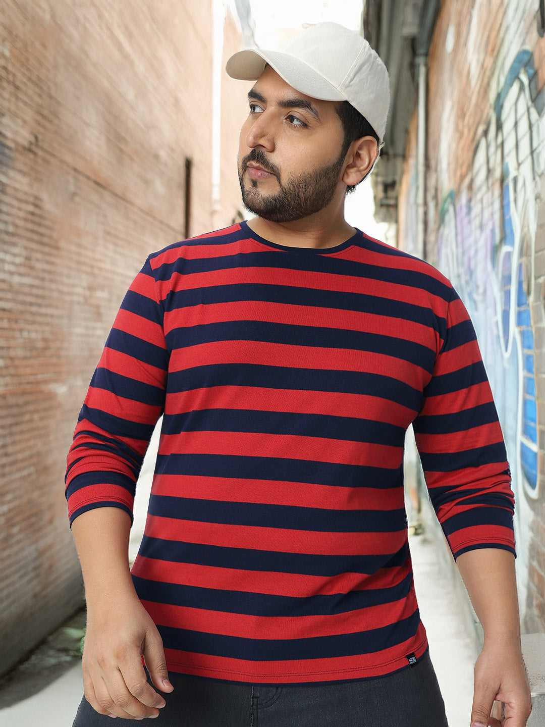 Plus Men's Red, Navy Blue Striped Regular Fit Full Sleeve Cotton T-Shirt