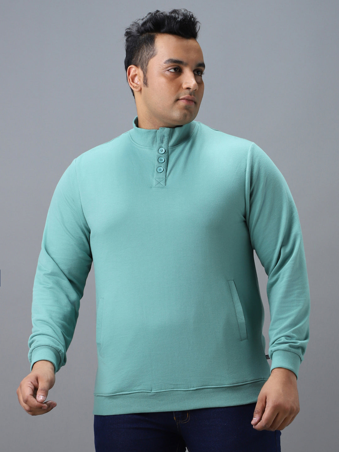 Plus Men's Green Cotton Solid Button High Neck Sweatshirt