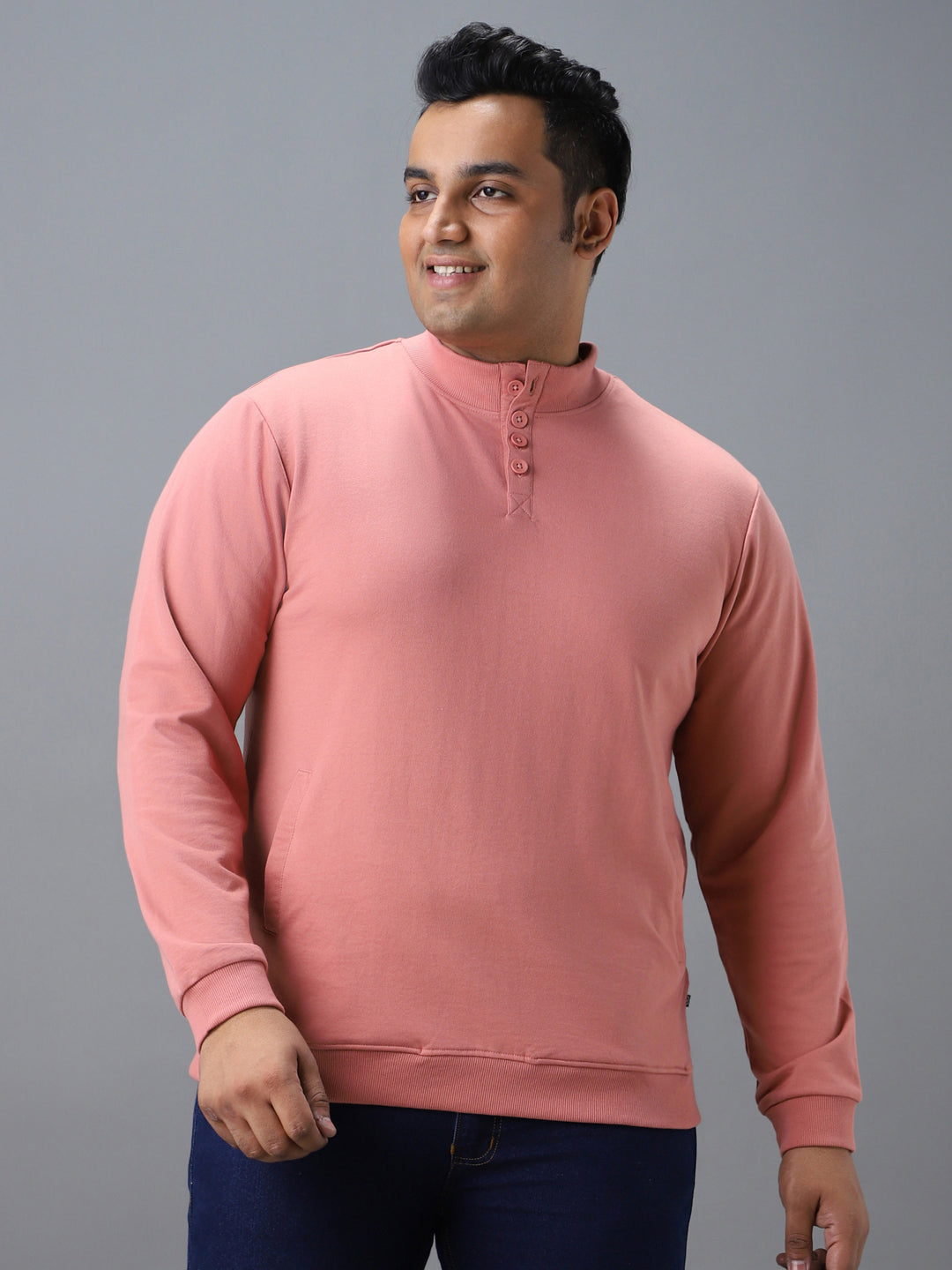 Plus Men's Pink Cotton Solid Button High Neck Sweatshirt