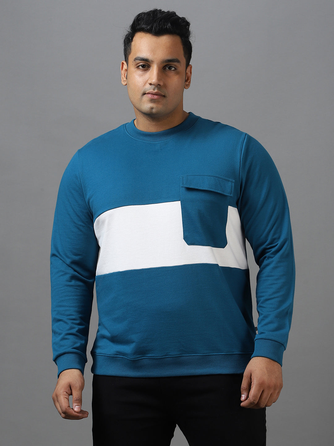 Plus Men's Green Cotton Color Block Round Neck Sweatshirt – Urbano