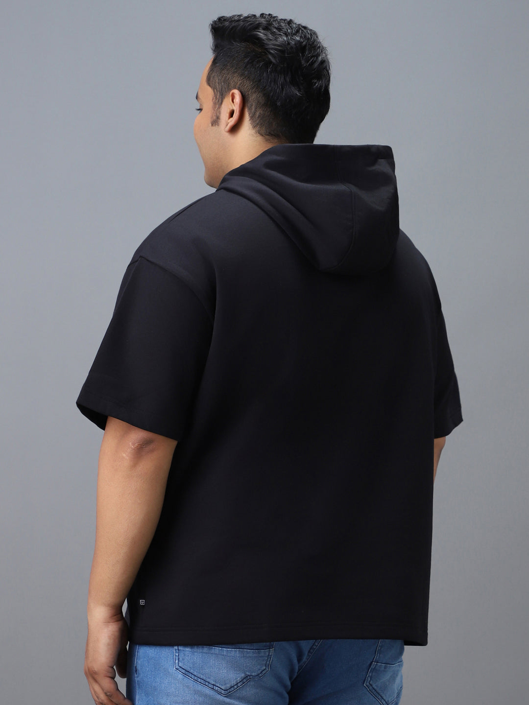 Plus Men's Black Cotton Solid Hooded Neck Sweatshirt